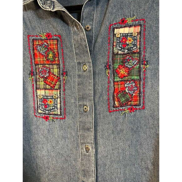 Studio Collection Petite Denim Jean Shirt Embroidered Patchwork Large Petite - Picture 4 of 5